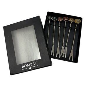 Bombay Stone Cocktail Picks Forks Stone Twisted Metal Handles Set of 6 MCM Box